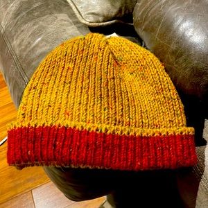 Gold and Crimson Irish Donegal hand loomed wool beanie or watch cap. Fits roomy!